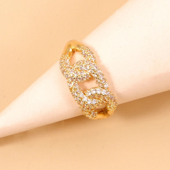 Retro Geometric Cuban Link CZ Open Ring - Picture 2 of 7